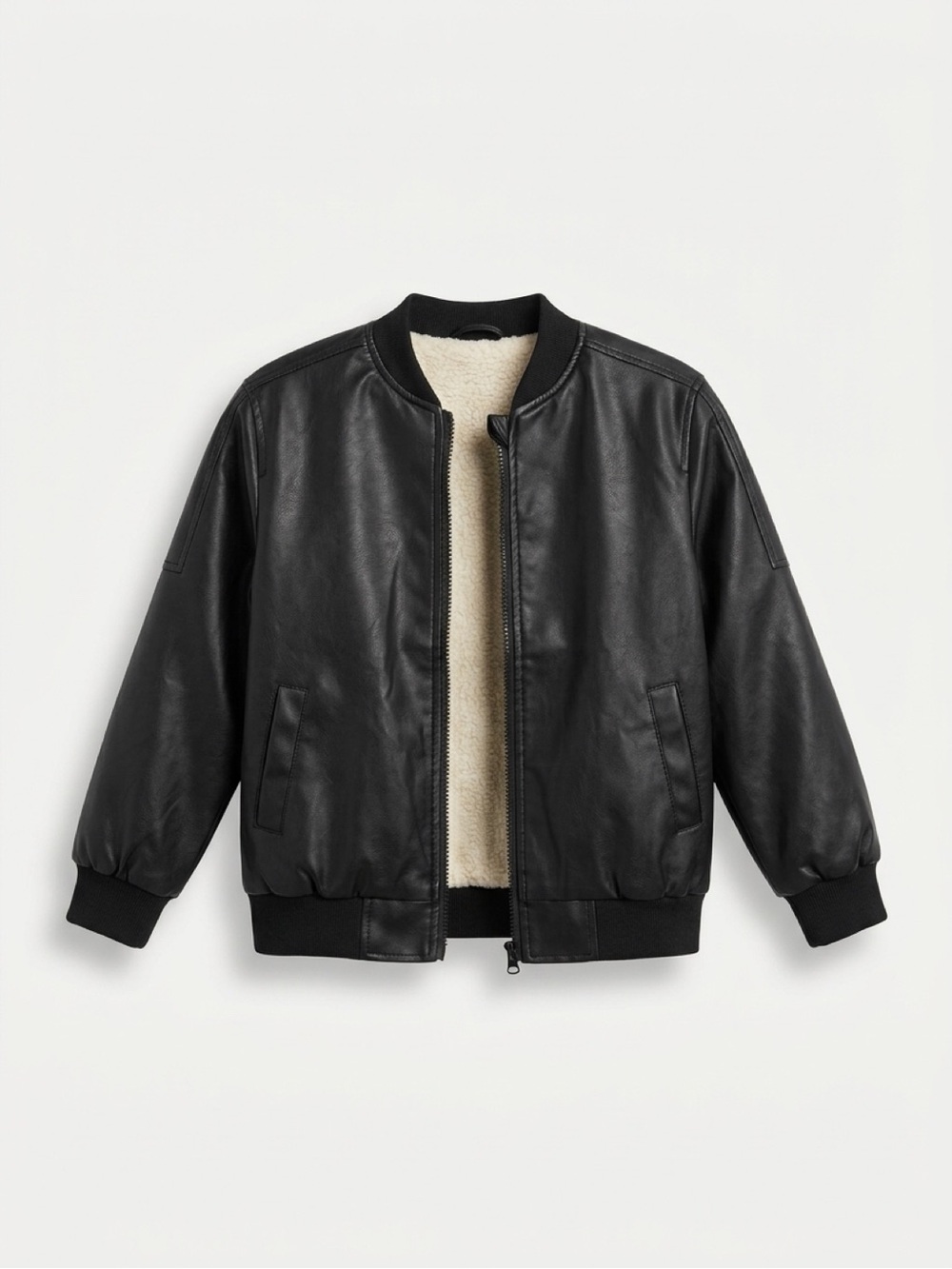 Kids Black Faux Leather Bomber Jacket with Sherpa Lining